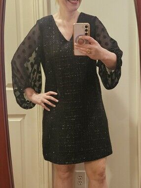 Ivy Jane Uncle Frank Black Sparkle Shift Dress Swiss Dot Sheer Sleeve Size Small